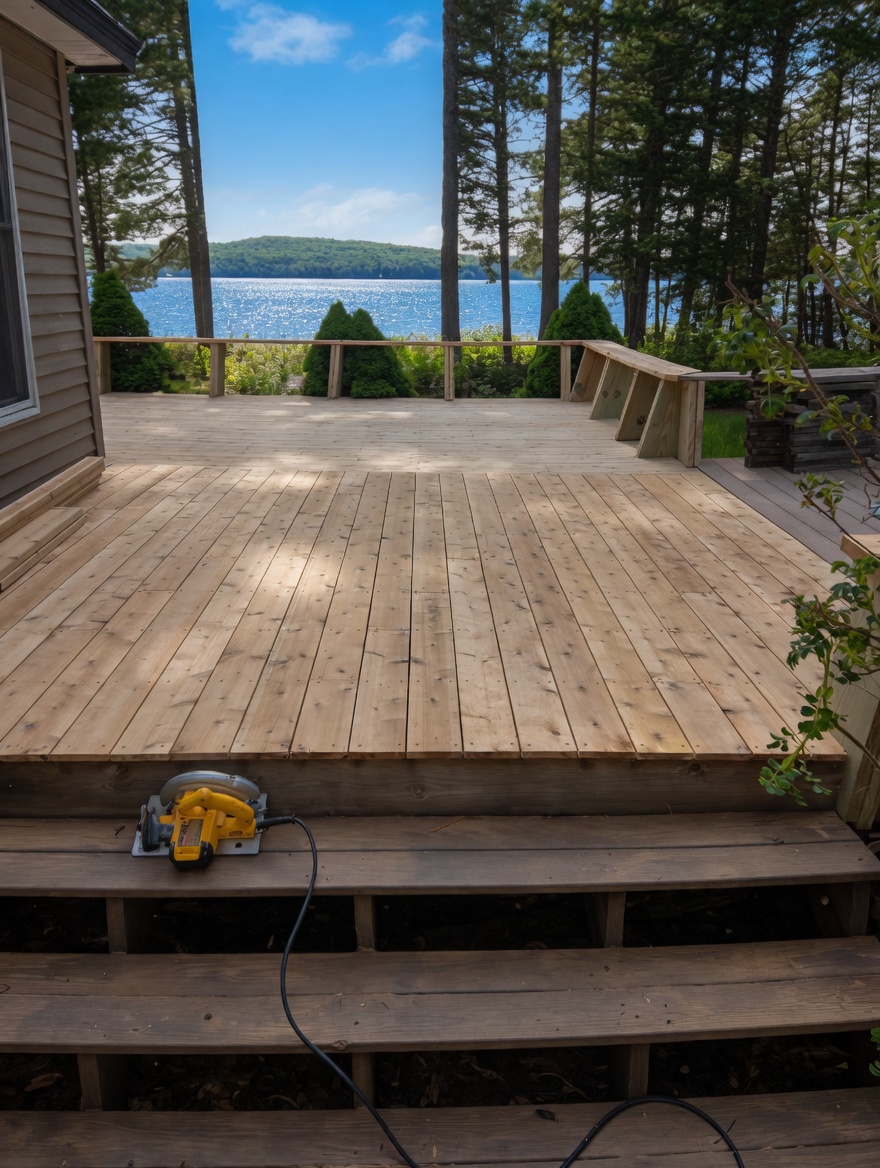 Deck under construction with lake view and steps